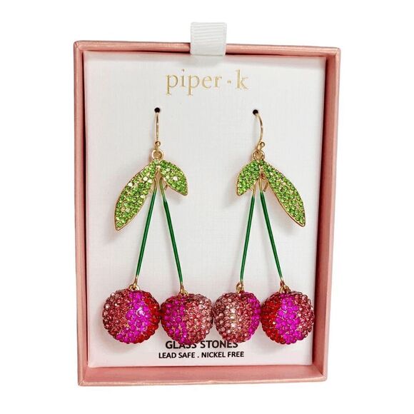 🍒 PIPER K Cherry Glass Stones Nickel Free Drop Statement Earrings NEW IN BOX - Picture 1 of 14